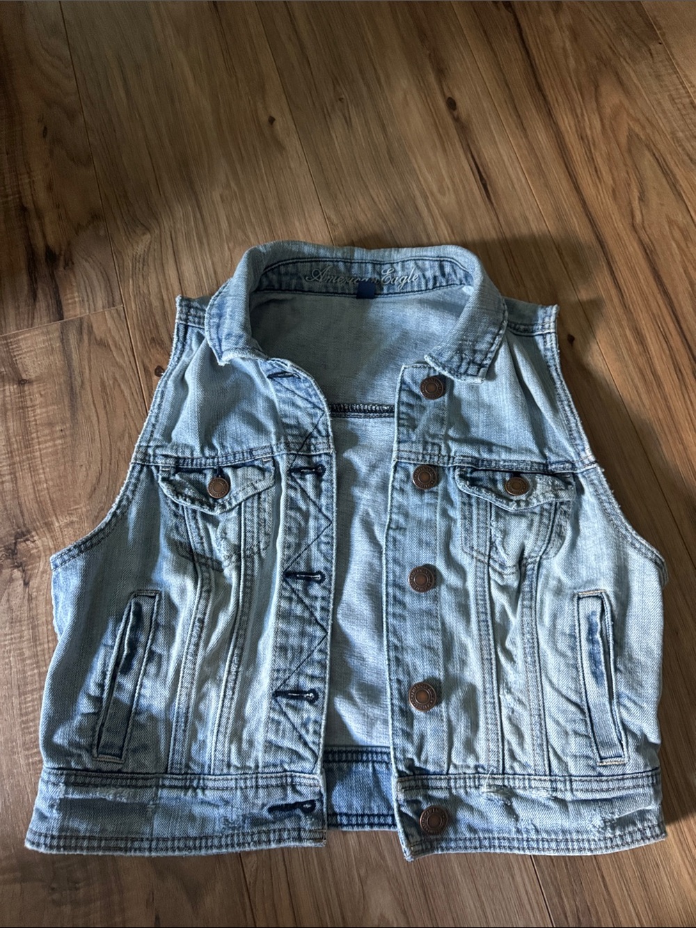 American Eagle Light Wash Denim Vest with Button Front